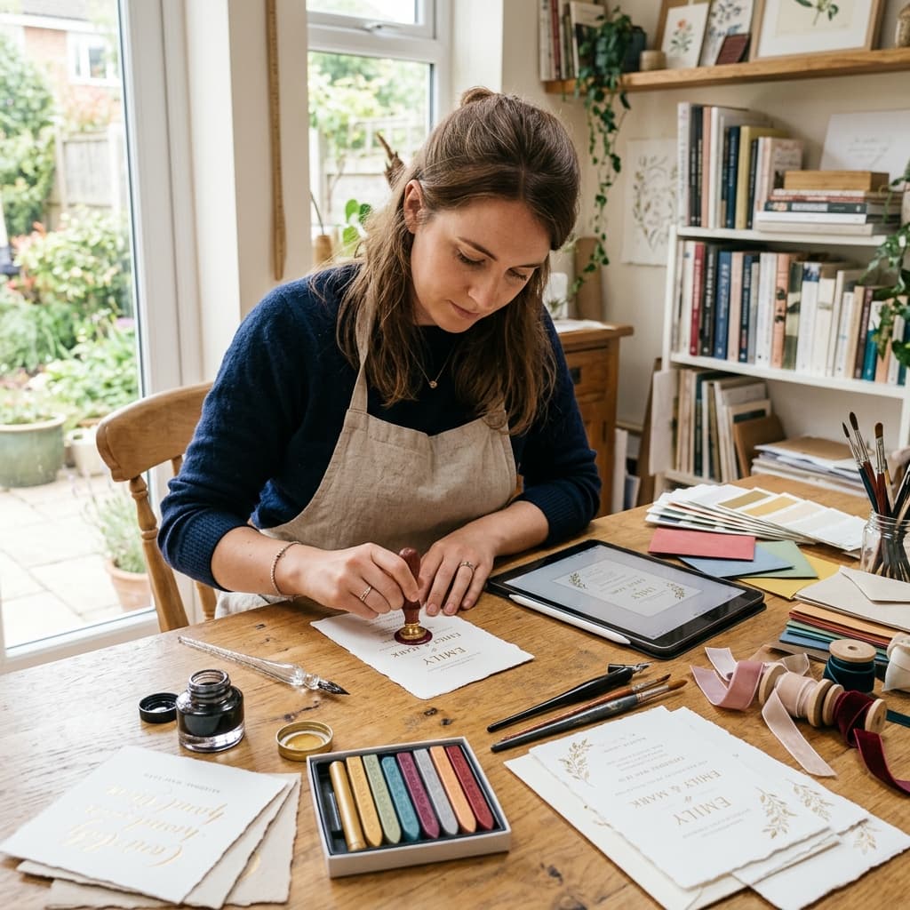A stationer at work on invitations and typography