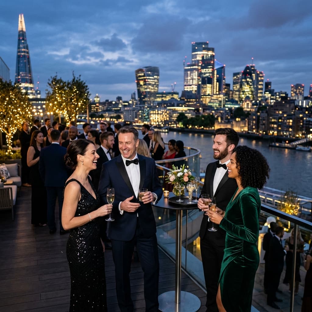 Professionals conversing at a skyline rooftop corporate gala
