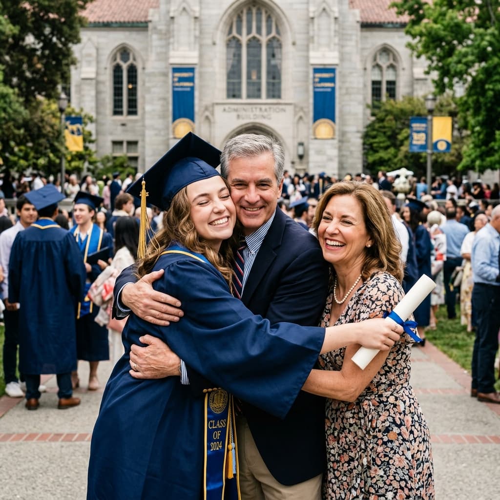 Graduate in cap and gown embracing proud parents on campus