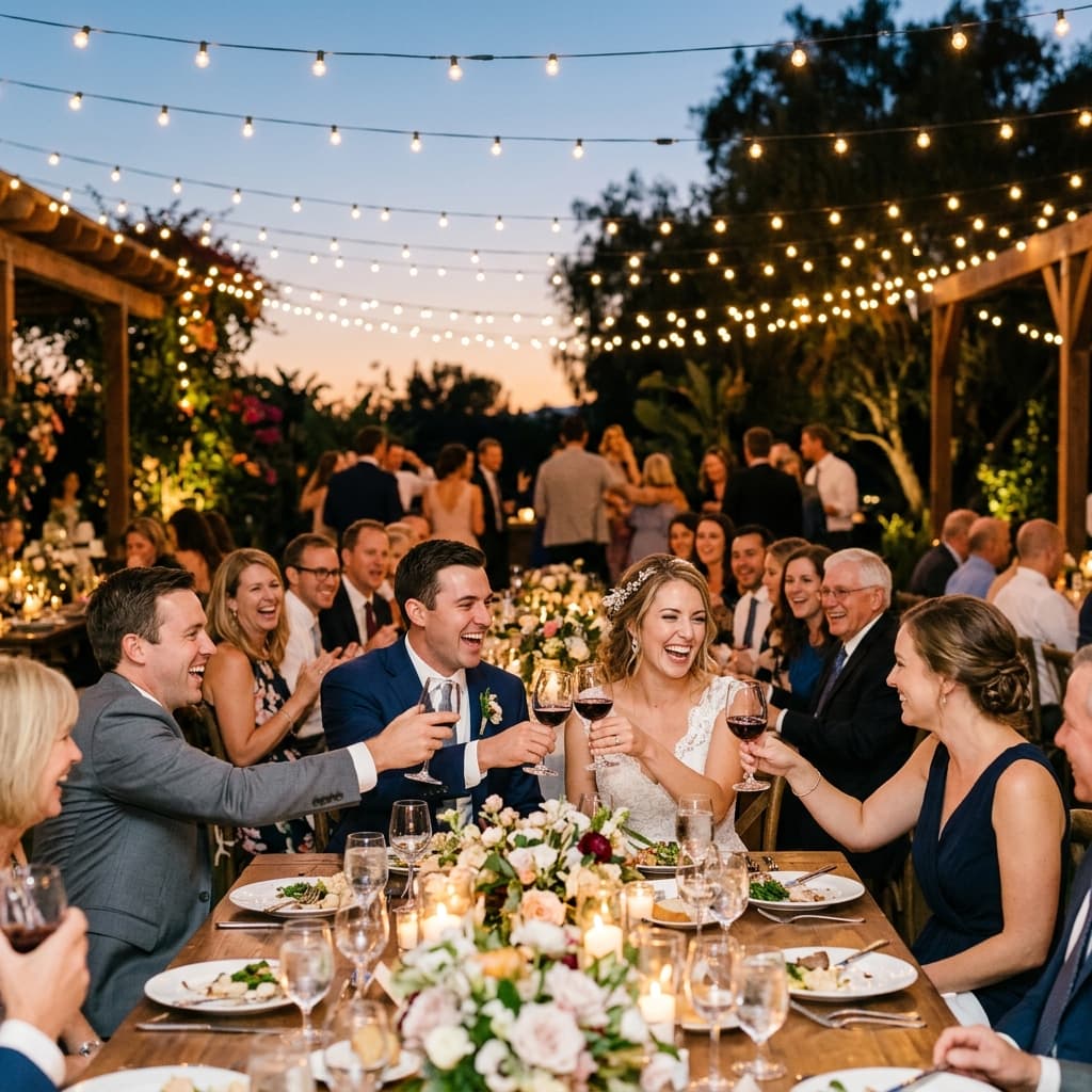 Wedding guests raising champagne toasts at dusk banquet