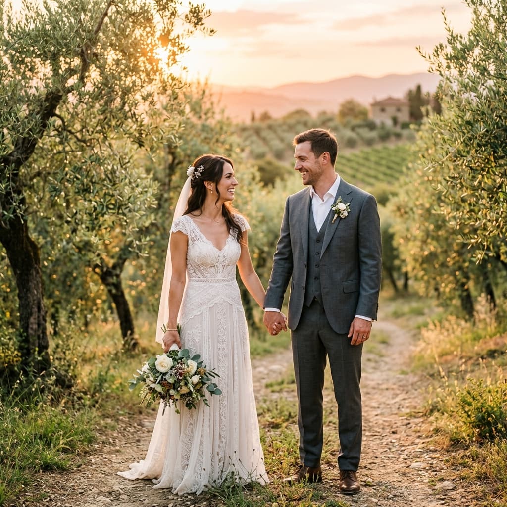 Bride and groom holding hands in sunlit olive grove