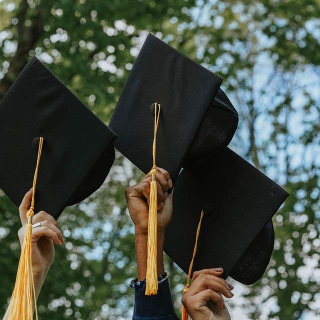 Graduation caps and tassels raised in the air