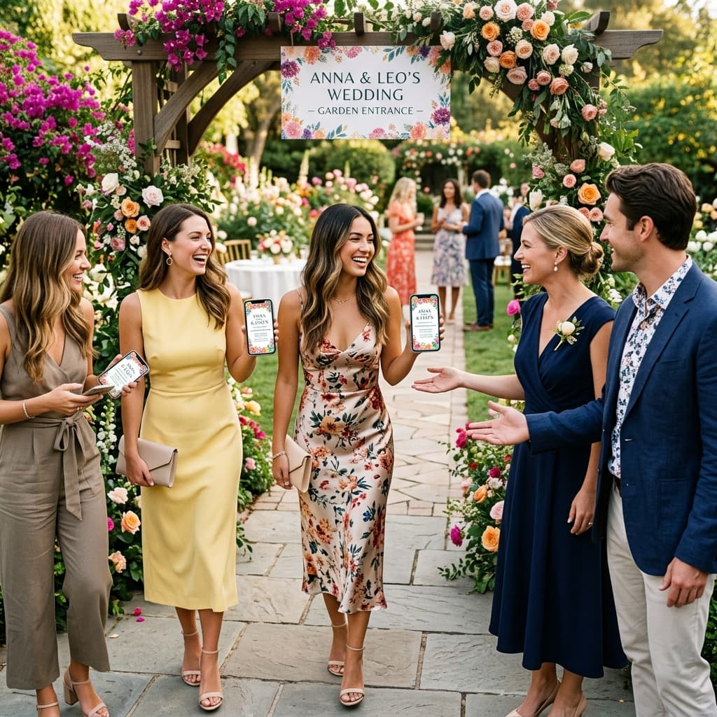 Guests arriving at garden venue holding digital invitations