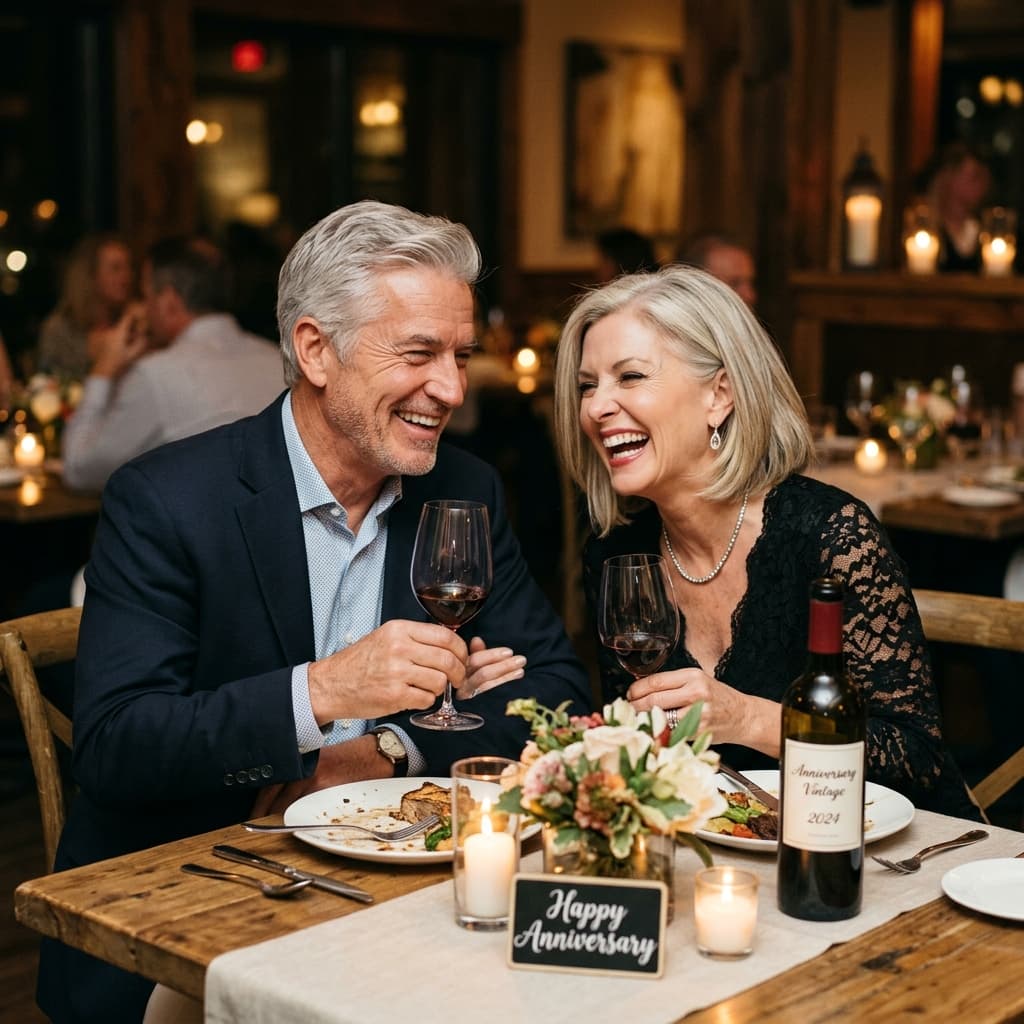 Husband and wife celebrating anniversary dinner with wine