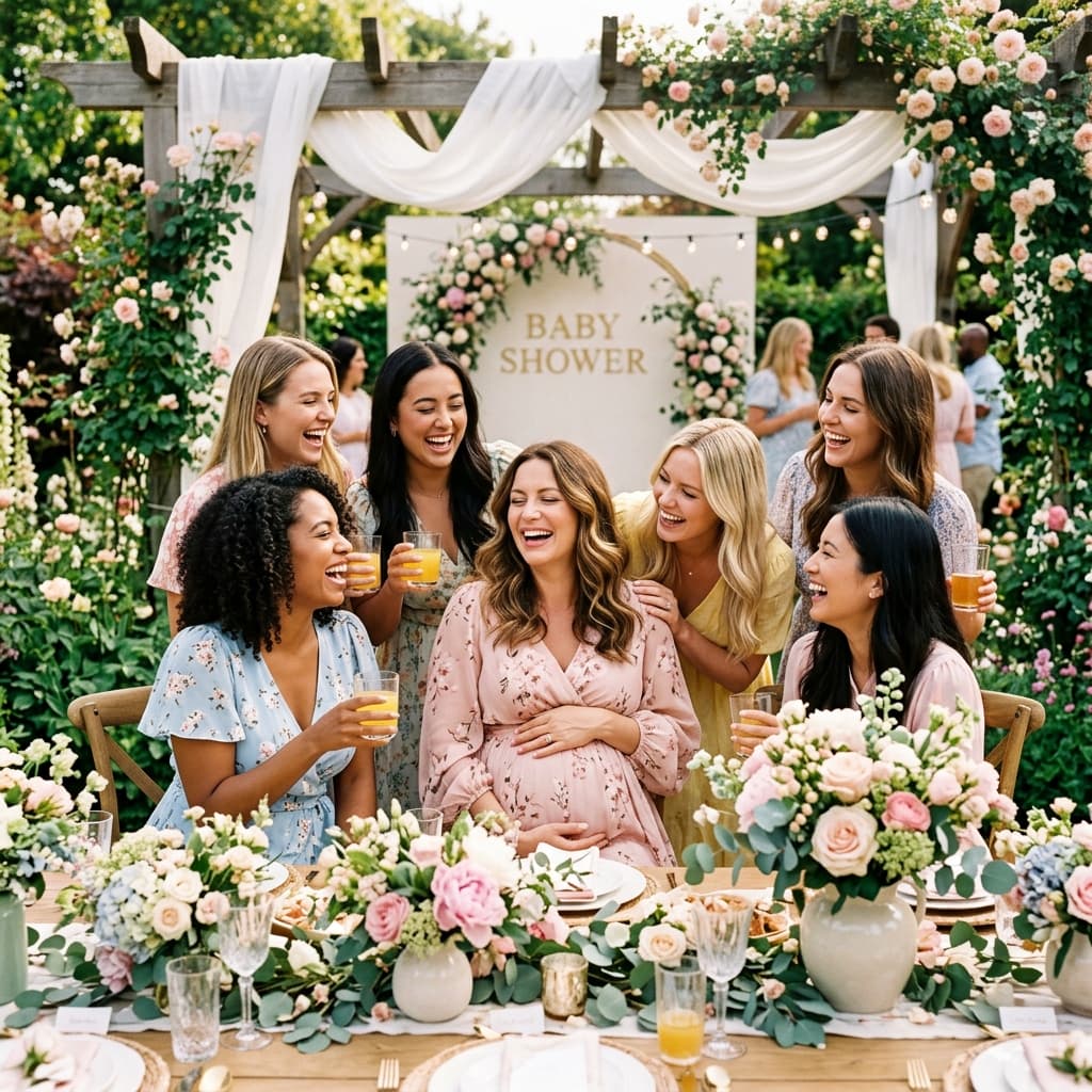 Expectant mother surrounded by laughing friends at a garden shower