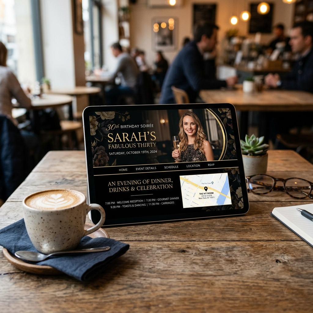 Birthday soiree website on a tablet