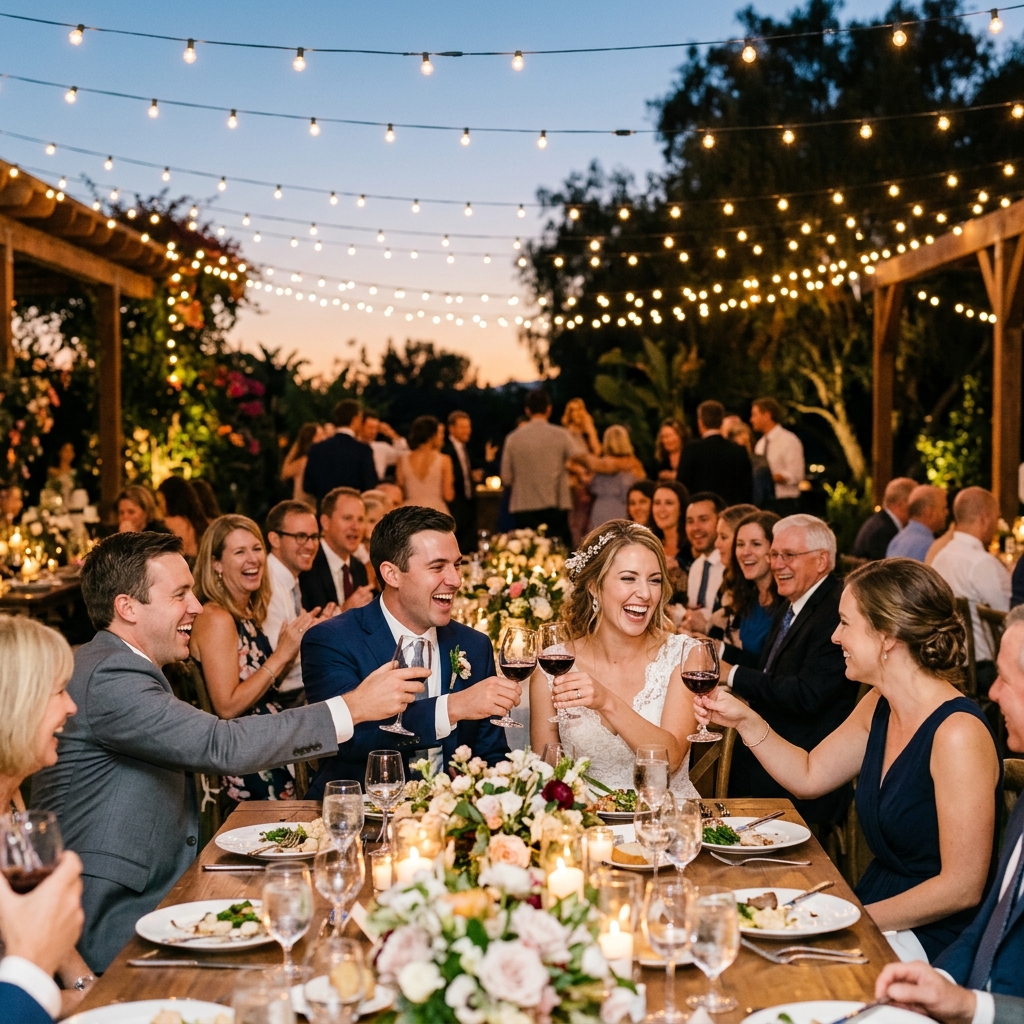 Guests toasting at an evening reception